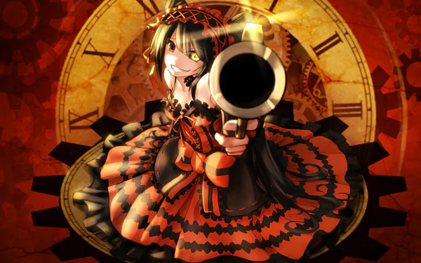 HD wallpaper featuring Kurumi Tokisaki from Date A Live in a red dress with heterochromia, smiling and holding a gun, set against a clock background.