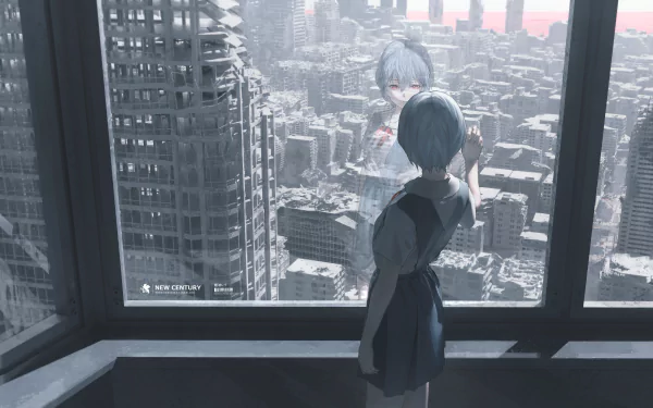 A serene 4K Ultra HD wallpaper featuring Rei Ayanami from Neon Genesis Evangelion, gazing out over a futuristic cityscape through a large window.