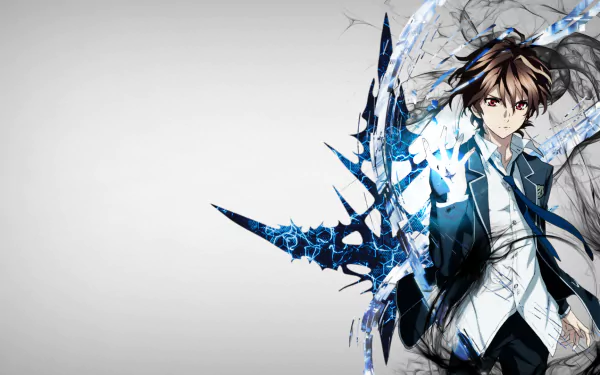 HD desktop wallpaper featuring Shu Ouma from the anime Guilty Crown, shown in a dynamic pose with abstract blue and black elements surrounding him on a minimalist gray background.
