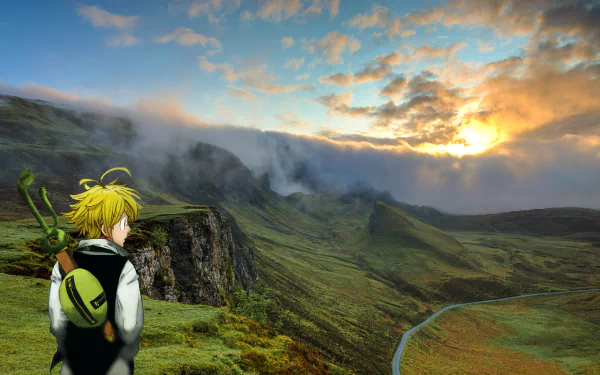 Meliodas from The Seven Deadly Sins stands overlooking a vast, misty mountain valley at sunset in this 4K Ultra HD anime desktop wallpaper.