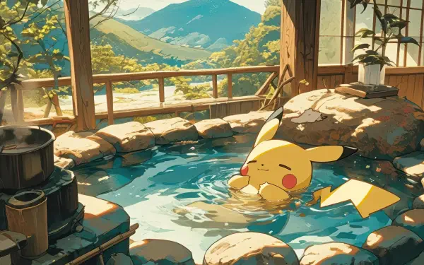 Anime-style 4K Ultra HD wallpaper featuring Pikachu relaxing in a serene outdoor hot spring with lush mountains in the background.