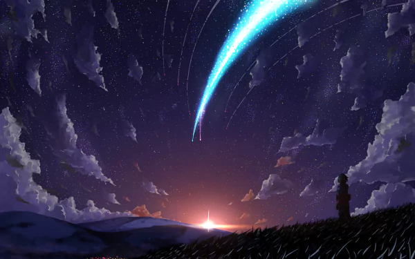 HD desktop wallpaper featuring an anime scene from Your Name, showing Mitsuha Miyamizu standing under a starry sky with a comet streaking through the night.