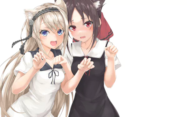 HD desktop wallpaper featuring Kaguya Shinomiya and Kei Shirogane from Kaguya-sama: Love is War in playful cat costumes.