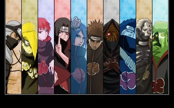 HD desktop wallpaper featuring characters from Naruto: Itachi Uchiha, Kakuzu, Kisame Hoshigaki, Deidara, Sasori, Konan, Obito Uchiha, Pain, Zetsu, and Hidan, arranged side by side.