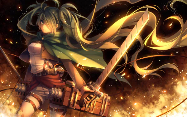 Anime crossover HD wallpaper featuring Vocaloid character Hatsune Miku with long green hair and eyes in an Attack on Titan setting, wielding a sword amidst a fiery background.