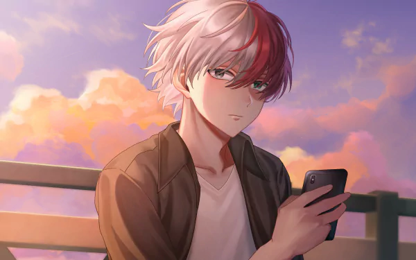 Shoto Todoroki from My Hero Academia is depicted in a 4K Ultra HD anime wallpaper, holding a phone against a vibrant sunset sky background.