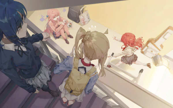 Anime-style 8K Ultra HD desktop wallpaper featuring characters from Bocchi the Rock! in a sunlit rooftop scene with soft, warm colors and detailed shading.