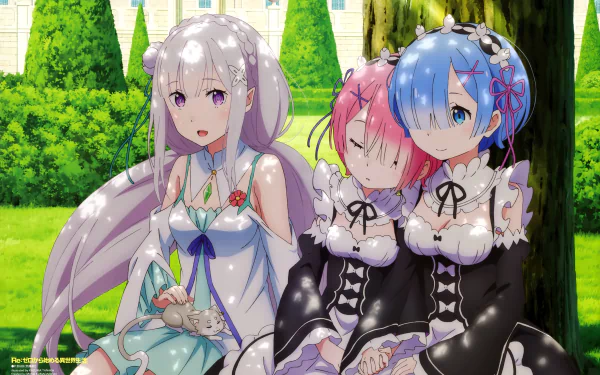 HD wallpaper featuring characters from Re:Zero - Starting Life in Another World: Emilia with long purple hair, and twins Rem and Ram with blue and pink hair, sitting together in a scenic background.