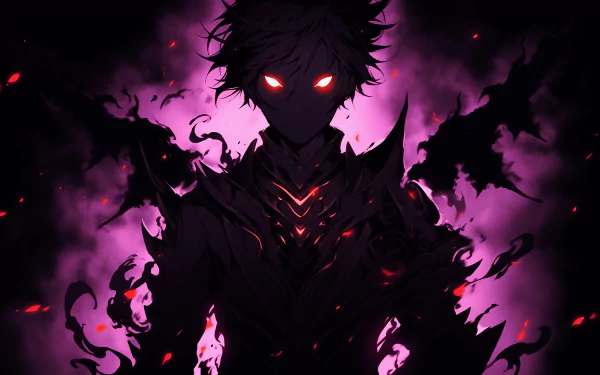 A striking HD desktop wallpaper featuring dark anime elements, showcasing a mysterious figure with glowing red eyes surrounded by a swirling purple haze, embodying the essence of Phonk.