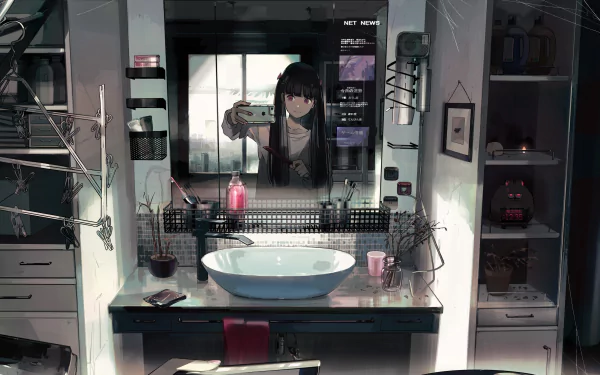 Anime girl with black twin-tails taking a selfie in a modern bathroom; smartphone and anime-themed decor visible, suitable as an HD desktop wallpaper.