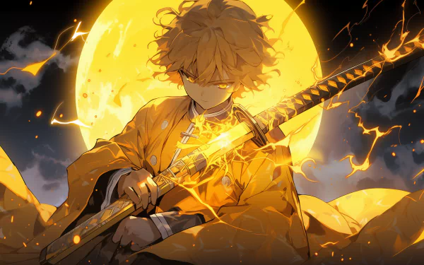 HD Wallpaper of Zenitsu Agatsuma from Demon Slayer: Kimetsu no Yaiba, wielding his sword with lightning effects against a moonlit night sky.