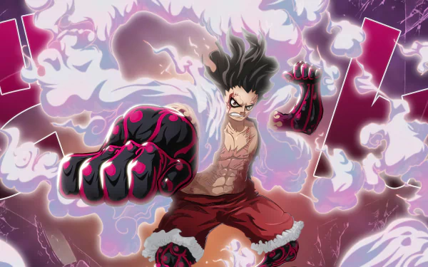 HD wallpaper of Monkey D. Luffy in Gear Fourth form, displaying anger and power, from the anime One Piece.