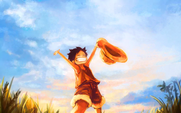 HD wallpaper of Monkey D. Luffy from the anime One Piece, featuring a vibrant background with a joyful Luffy holding his hat under a bright sky.