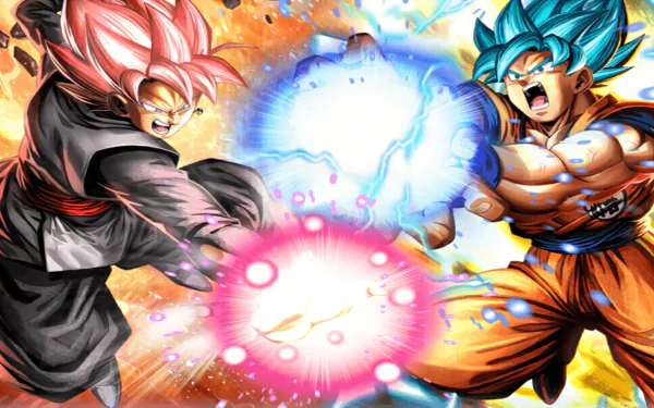 A dynamic HD wallpaper featuring Goku in Super Saiyan Blue form clashing with Black Goku in Super Saiyan Rosé form from Dragon Ball Super, emitting powerful energy blasts against a vibrant background.