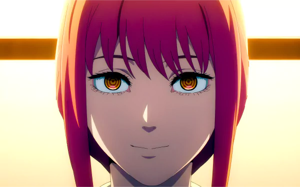 Close-up of Makima from Chainsaw Man anime, rendered in detailed 8K Ultra HD for a vibrant PC desktop wallpaper background.