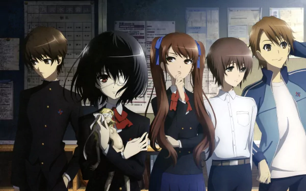 HD desktop wallpaper featuring the characters Yuuya Mochizuki, Naoya Teshigawara, Izumi Akazawa, Mei Misaki, and Kouichi Sakakibara from the anime Another.