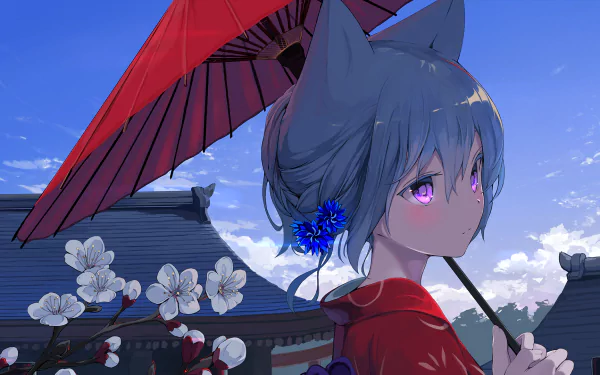 Anime-style HD desktop wallpaper featuring a blue-haired character with purple eyes and animal ears. They hold a red umbrella and stand near blooming flowers against a backdrop of rooftops and a blue sky.