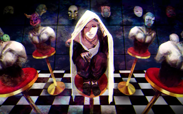 HD desktop wallpaper featuring Uta from Tokyo Ghoul, an anime series. Uta sits surrounded by eerie mannequins and masks, creating a dark and surreal atmosphere.