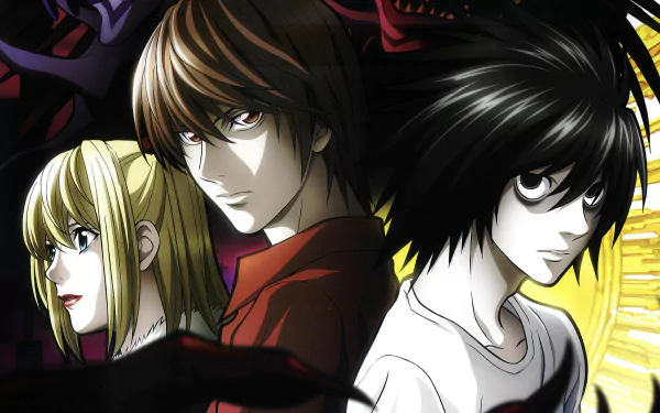 HD desktop wallpaper featuring Misa Amane, Light Yagami, and L from the anime Death Note, showcasing their intense expressions and dynamic poses against a striking background.