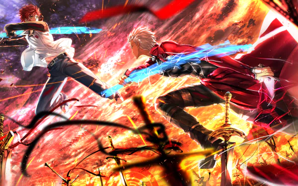 HD desktop wallpaper featuring Archer and Shirou Emiya from Fate/Stay Night: Unlimited Blade Works, locked in an intense battle amidst a backdrop of flames and scattered swords.