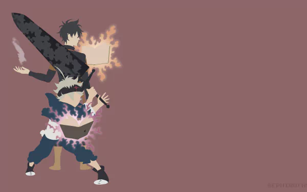 HD desktop wallpaper featuring Yuno and Asta from the anime Black Clover, standing back to back, each wielding their respective magical powers against a solid colored background.