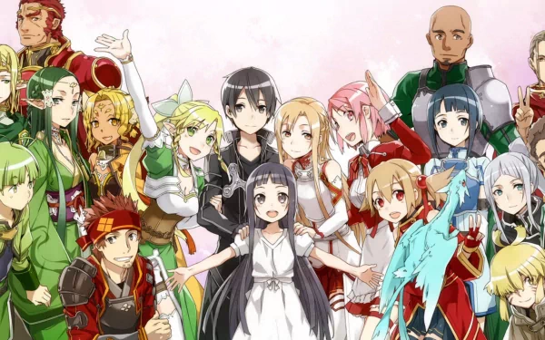 HD desktop wallpaper of an ensemble cast from the anime Sword Art Online, featuring various characters in vibrant costumes against a soft, light-colored background.