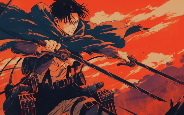 HD Anime Wallpaper featuring Levi Ackerman from Attack on Titan with dynamic action pose and dramatic red background.