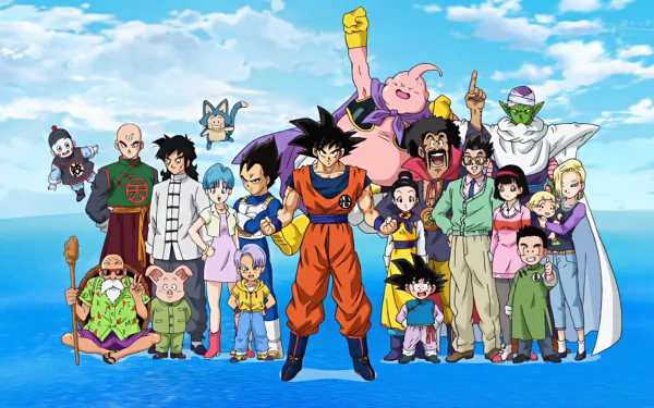 Group photo of Dragon Ball Super characters on an HD desktop wallpaper background, featuring Goku and his companions standing together under a blue sky.