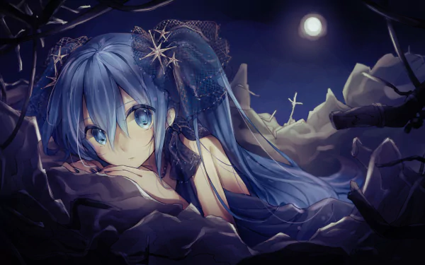 An HD desktop wallpaper featuring the anime character Hatsune Miku with blue hair and eyes, styled in twintails. She is surrounded by a dark, dreamy landscape illuminated by a full moon.
