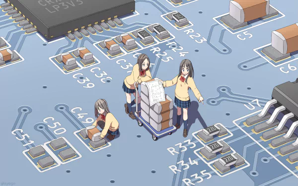 HD desktop wallpaper featuring Anime Original, with characters working on a giant circuit board.