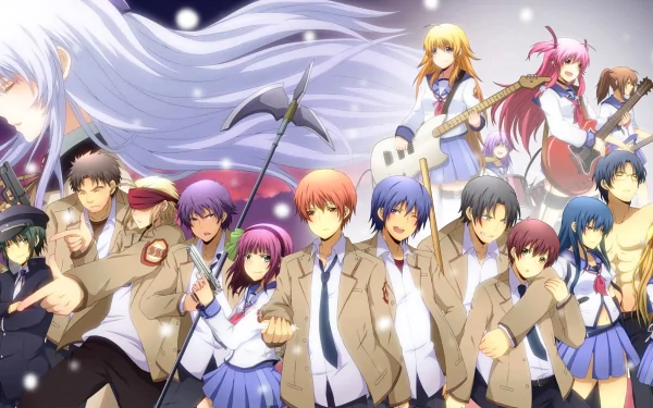 HD desktop wallpaper featuring characters from the anime Angel Beats!, showcasing a group of students in school uniforms with varied expressions and poses, against a colorful, dynamic background.