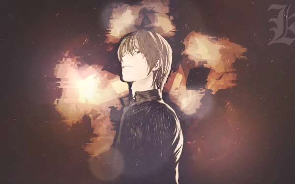 HD desktop wallpaper featuring Light Yagami from Death Note, also known as Kira, standing against a dramatic, glowing background.