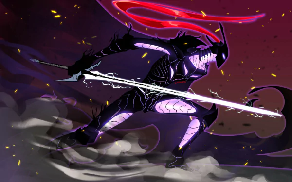 Igris from Solo Leveling in dynamic pose with glowing swords against a dark, fiery background, featured in an HD anime PC desktop wallpaper.