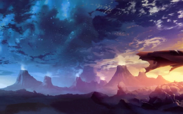 HD desktop wallpaper of an anime-style sunset over a desert, with a sword weapon visible and a sky transitioning from blue to purple. The scene is from Tengen Toppa Gurren Lagann.