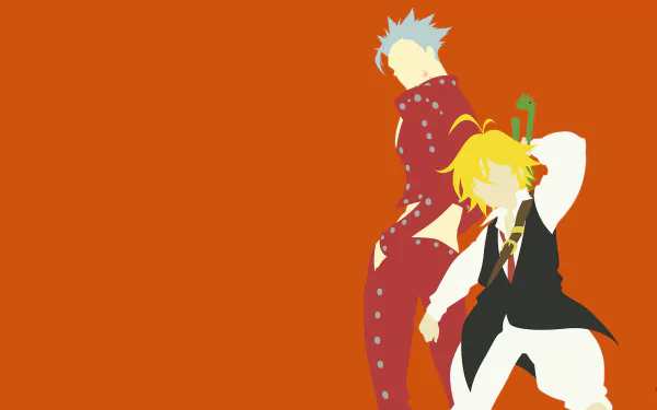 Minimalist HD wallpaper featuring Ban and Meliodas from 'The Seven Deadly Sins' anime. The characters are set against an orange background, with Ban's grey hair and red attire contrasting Meliodas' outfit.