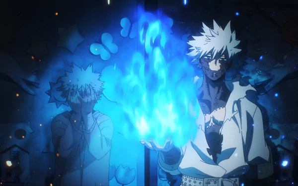 4K Ultra HD anime wallpaper featuring Dabi from My Hero Academia, surrounded by glowing blue flames against a dark, dynamic background.