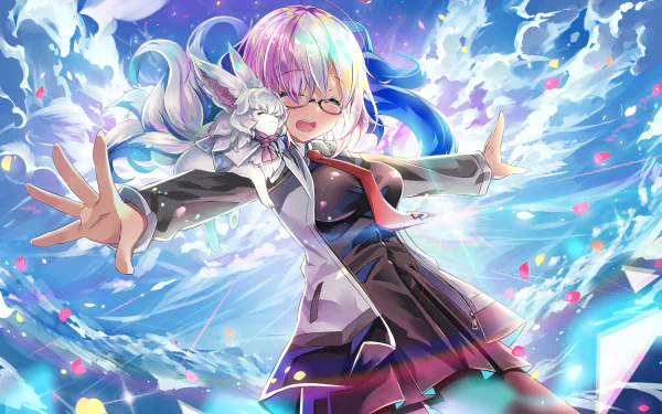 HD desktop wallpaper of Mashu Kyrielight from Fate/Grand Order, featuring her in an animated pose with a dynamic, colorful background.
