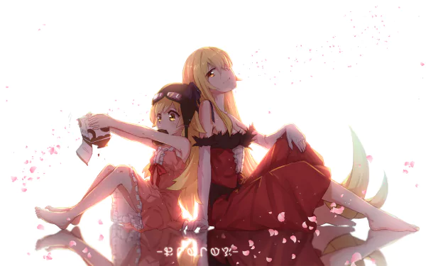 Two barefoot anime characters, Kiss-shot Acerola-orion Heart-under-blade and Shinobu Oshino from Monogatari Series, in pink and red dresses with long blonde hair, sitting together with a dreamy background.