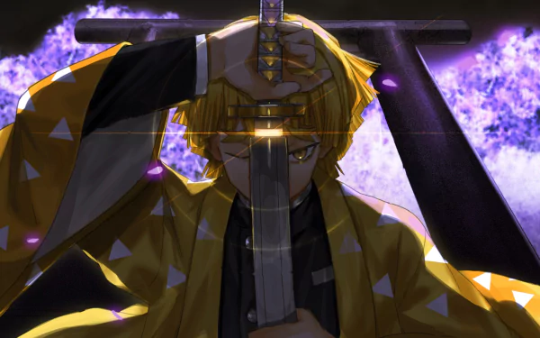 HD desktop wallpaper featuring Zenitsu Agatsuma from Demon Slayer: Kimetsu no Yaiba, showcasing his yellow eyes and blonde hair while holding a katana. The background is dark with purple highlights.