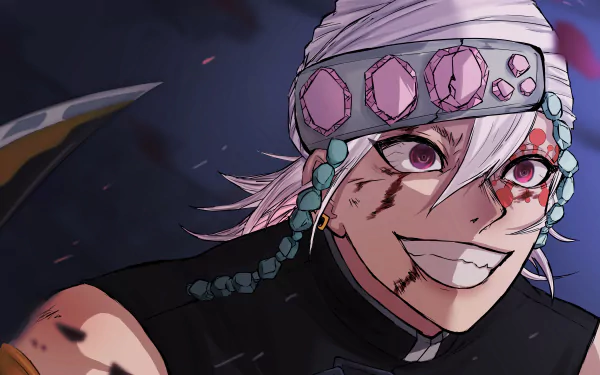 HD anime wallpaper featuring Tengen Uzui from Demon Slayer: Kimetsu no Yaiba, displaying a confident smile and wearing his signature gemstone headband and battle attire.