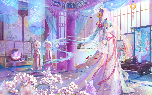 HD desktop wallpaper featuring Hatsune Miku in traditional attire, surrounded by cherry blossoms in a beautifully detailed anime and Vocaloid-themed setting.