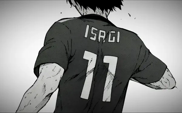 A dynamic HD wallpaper featuring Isagi Yoichi from the anime and manga series Blue Lock, showcasing his back as he wears a black jersey with ISAGI and the number 11.