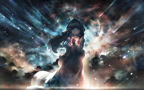HD desktop wallpaper featuring an anime girl with long hair and a hooded cloak, surrounded by vibrant, cosmic energy.