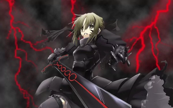 HD desktop wallpaper featuring Saber Alter from Fate/stay Night Movie: Heaven's Feel. She is dressed in black armor, brandishing a large sword with red energy crackling in the background.