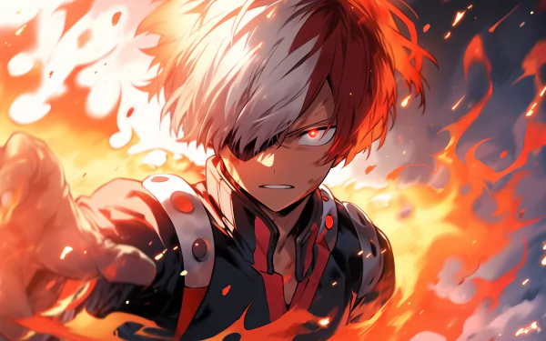 HD desktop wallpaper featuring Shoto Todoroki from My Hero Academia, with a dynamic fire and ice background.
