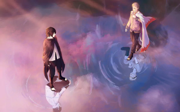A visually stunning HD wallpaper featuring Sasuke Uchiha and Naruto Uzumaki from the anime Boruto, capturing a dynamic moment on a reflective surface amidst swirling colors.