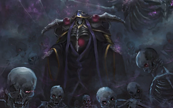 HD wallpaper featuring Ainz Ooal Gown from the anime Overlord, surrounded by eerie skeletons and dark, mystical ambiance.