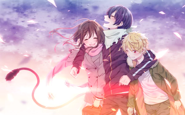HD wallpaper of Yukine, Hiyori Iki, and Yato from the anime Noragami. The trio is depicted in a vibrant, emotional scene, with Hiyori in the center, Yato on her left, and Yukine on her right.