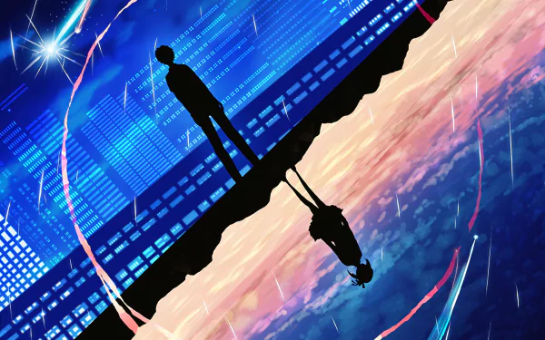 Silhouette of Taki Tachibana and Mitsuha Miyamizu from the anime Your Name with a comet in the sky, depicted in an HD desktop wallpaper and background.