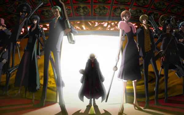 HD desktop wallpaper featuring One Piece characters Monkey D. Luffy, Roronoa Zoro, Nami, Sanji, Nico Robin, and Franky in a dramatic setting.